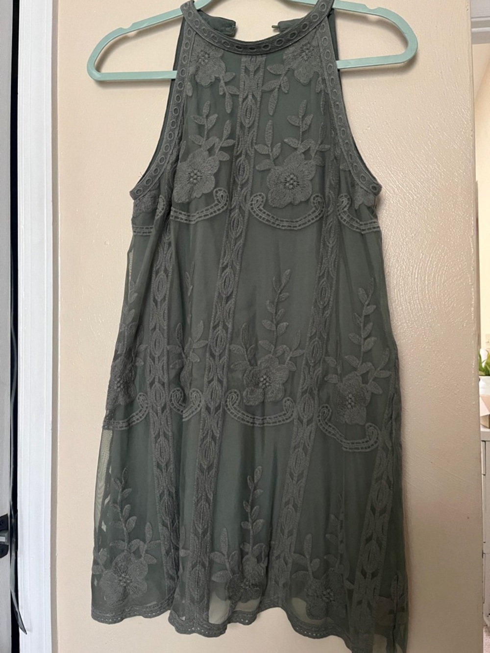 Sleeveless Embroidered Olive Green Dress